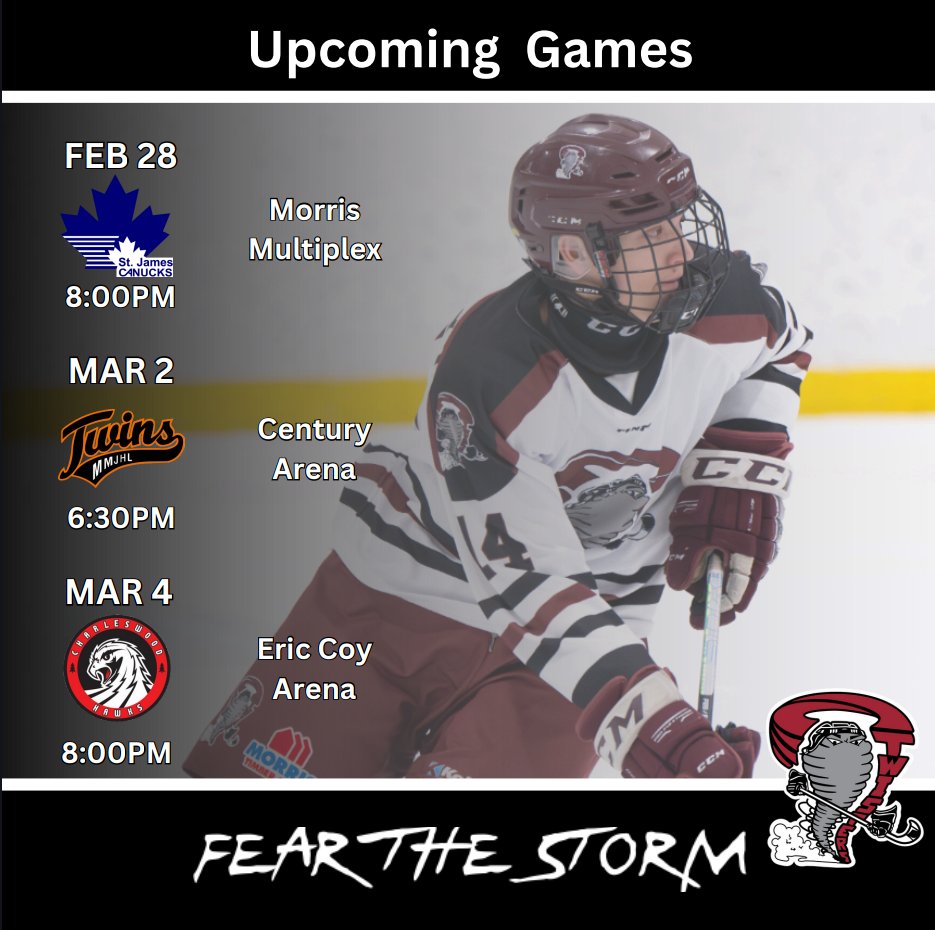 Only a few more games left for the year. 🌪️🏒

February 28th VS St. James Canucks ⏰- 8:00PM (last home game)

March 2nd @ Fort Garry Twins ⏰- 6:30PM 

March 4th @ Charleswood Hawks ⏰ 8:00PM
