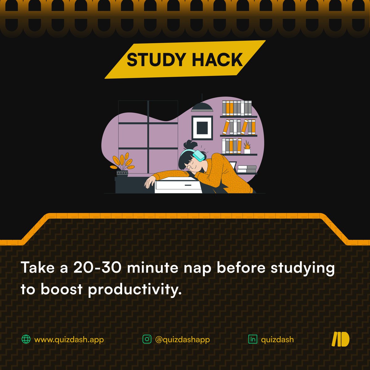quizdashapp's tweet photo. Did you know? Taking a 20-30 minute nap before studying can boost productivity. https://t.co/rgwgFfUqam