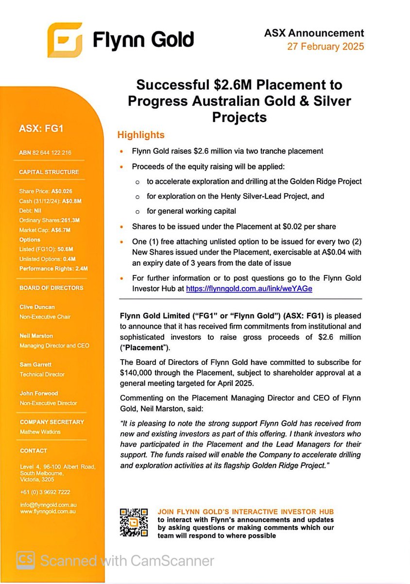 SalvadorMaurice's tweet image. $FG1 #FG1

Successful $2.6M Placement to Progress Australian #Gold &amp;amp; #Silver
Projects

to accelerate exploration and drilling at the Golden Ridge Project

for exploration on the Henty #Silver-#Lead Project, 

for general working capital..