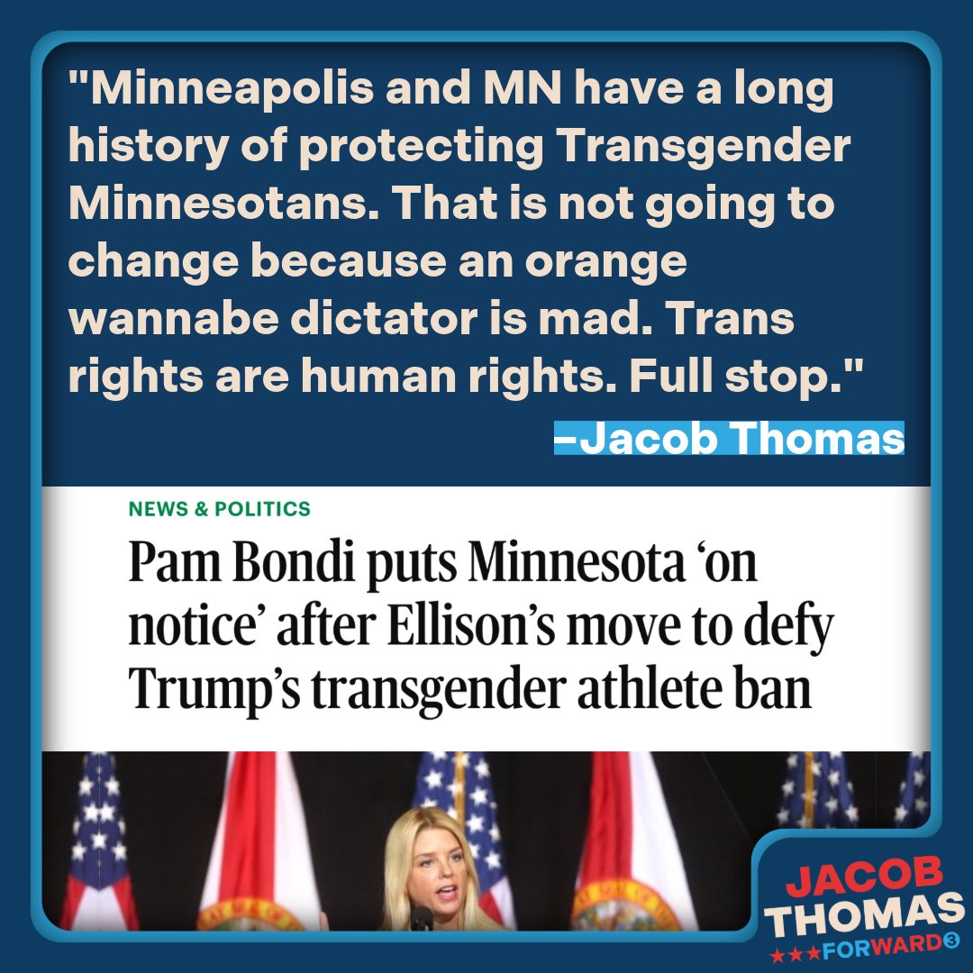 Jacob Thomas (@jacobforward3) on Twitter photo Minneapolis was the first city and Minnesota was the first state in the country to protect trans people. I will not let Trump or anyone else take those protections away. Thank you to AG <a href="/keithellison/">Keith Ellison</a> for fighting back. Minneapolis was the first city and Minnesota was the first state in the country to protect trans people. I will not let Trump or anyone else take those protections away. Thank you to AG <a href="/keithellison/">Keith Ellison</a> for fighting back.