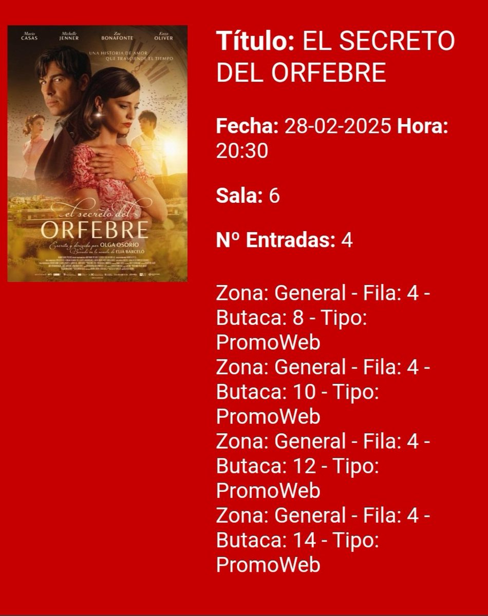 Sony (@soniarubi) on Twitter photo #ElSecretodelOrfebre se estrena en cine el 28 de Febrero. El mismo día, en Cines Cantones en A Coruña, a las 20;30 proyección y posterior coloquio con su directora <a href="/OsorioOlga/">Olga Osorio</a>. ¡Yo ya tengo las mías!
𝗖𝗼𝗺𝗽𝗿𝗮 𝐲𝗮 𝐭𝐮𝐬 𝗲𝗻𝘁𝗿𝗮𝗱𝗮𝘀 🎟 👉 reservaentradas.com/sesiones/la-co… #ElSecretodelOrfebre se estrena en cine el 28 de Febrero. El mismo día, en Cines Cantones en A Coruña, a las 20;30 proyección y posterior coloquio con su directora <a href="/OsorioOlga/">Olga Osorio</a>. ¡Yo ya tengo las mías!
𝗖𝗼𝗺𝗽𝗿𝗮 𝐲𝗮 𝐭𝐮𝐬 𝗲𝗻𝘁𝗿𝗮𝗱𝗮𝘀 🎟 👉 reservaentradas.com/sesiones/la-co…
