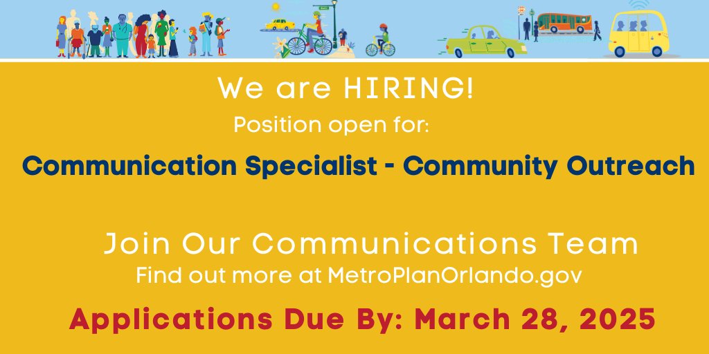 We are hiring! To learn more about the Communication Specialist - Community Outreach position visit: metroplanorlando.gov/about-us/job-o…