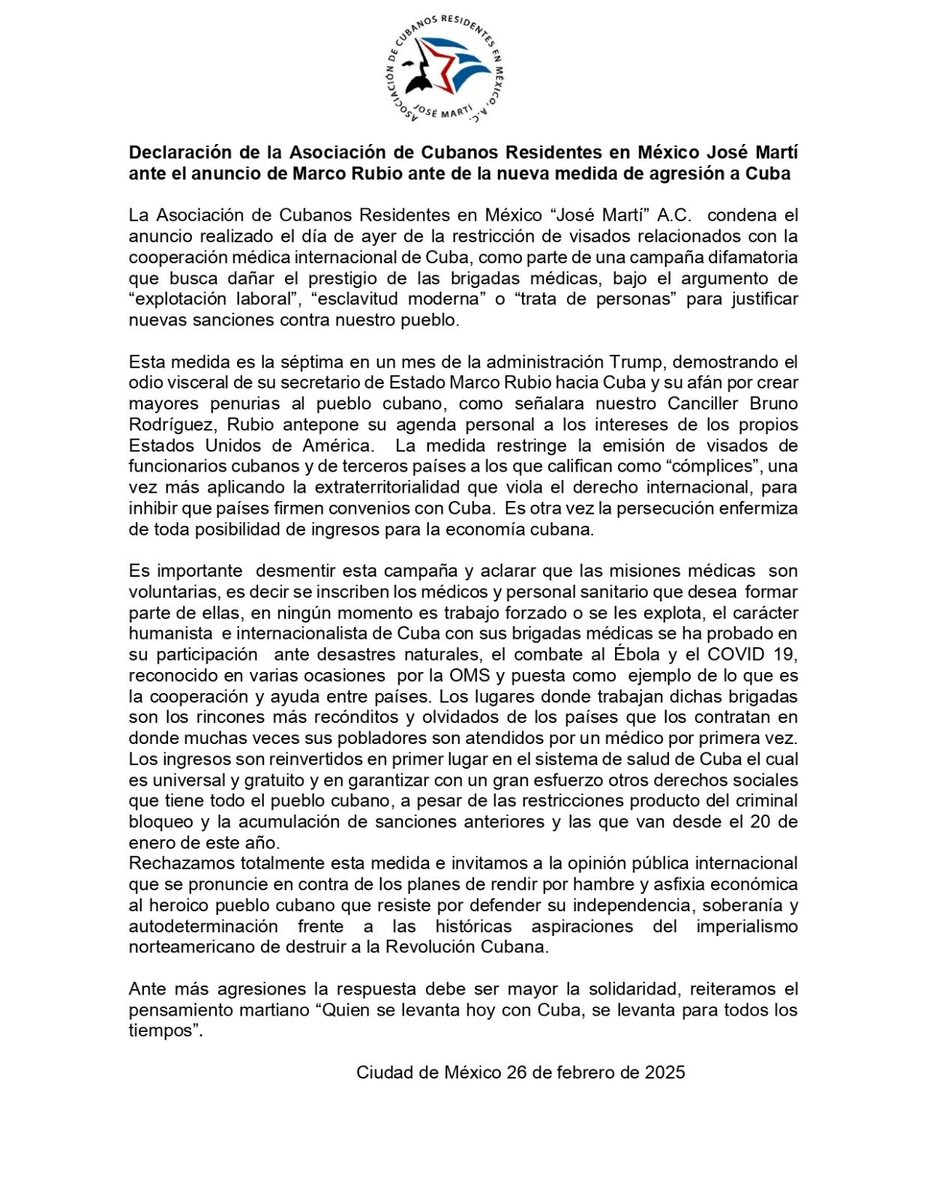 Declaración de la Asociación de Cubanos Residentes en México 🇲🇽 ante la nueva medida de agresión contra Cuba 🇨🇺 anunciada por el Departamento de Estado EEUU.

#TumbaElBloqueo
#JuntosXCuba