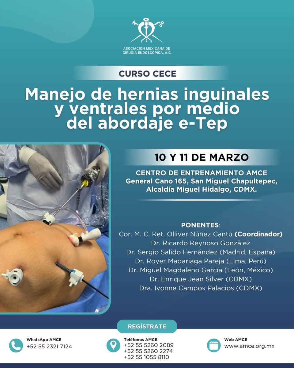 Los próximos 10 y 11 de marzo, tendremos nuestro curso "Manejo de hernias inguinales y ventrales por medio del abordaje e-Tep"

📍 Centro de Entrenamiento AMCE
🗓 10 y 11 de marzo, 2025
¿Quieres más información? Escríbenos vía WhatsApp aquí wa.me/525523217124
