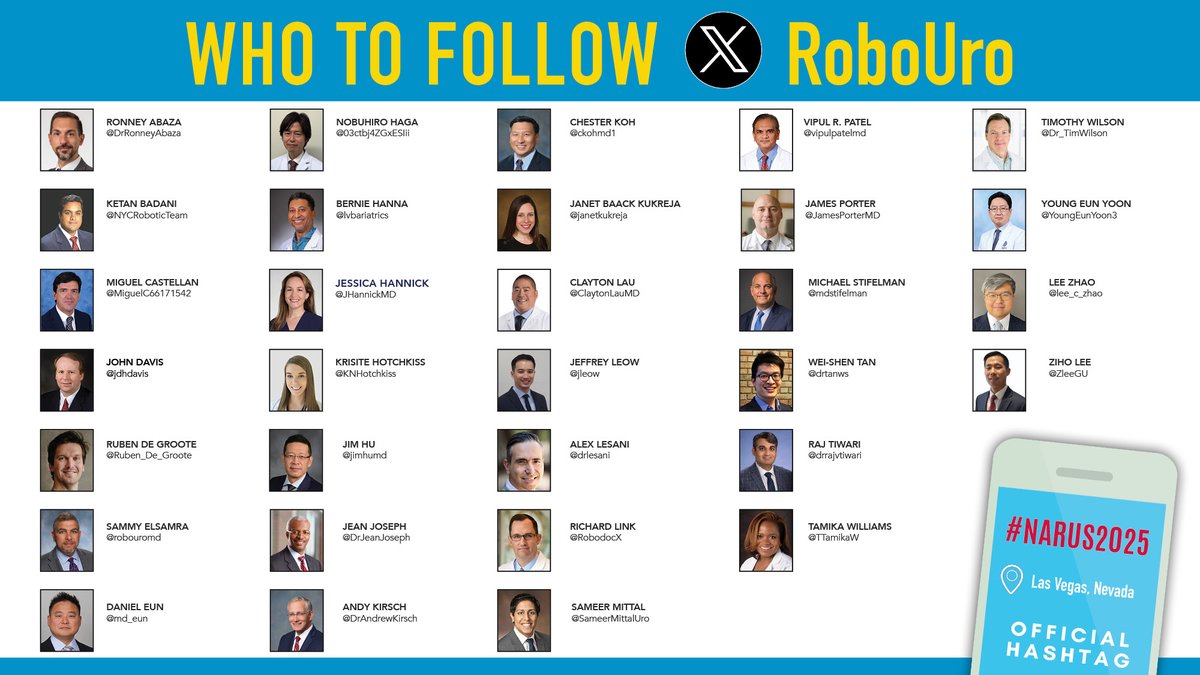 North American Robotic Urology Society | NARUS (@robouro) on Twitter photo #NARUS2025 is almost here! Don't forget to follow all of our incredible Faculty:
<a href="/DrRonneyAbaza/">Dr. Ronney Abaza</a> <a href="/NYCRoboticTeam/">Ketan K. Badani MD</a> <a href="/MiguelC66171542/">Miguel Castellan</a> <a href="/jdhdavis/">John W. Davis, MD</a> <a href="/Ruben_De_Groote/">Ruben De Groote</a> @robouromd <a href="/md_eun/">Daniel D Eun MD</a> <a href="/03ctbj4ZGxESIii/">羽賀宣博</a> <a href="/lvbariatrics/">Bernie Hanna MD</a> <a href="/JHannickMD/">Jessica Hannick</a> <a href="/KNHotchkiss/">Kristie Hotchkiss</a> <a href="/jimhumd/">Jim Hu</a> <a href="/DrJeanJoseph/">DrJoseph</a> <a href="/DrAndrewKirsch/">ANDREW KIRSCH</a> <a href="/ckohmd1/">Chester Koh, MD, MBA</a> #NARUS2025 is almost here! Don't forget to follow all of our incredible Faculty:
<a href="/DrRonneyAbaza/">Dr. Ronney Abaza</a> <a href="/NYCRoboticTeam/">Ketan K. Badani MD</a> <a href="/MiguelC66171542/">Miguel Castellan</a> <a href="/jdhdavis/">John W. Davis, MD</a> <a href="/Ruben_De_Groote/">Ruben De Groote</a> @robouromd <a href="/md_eun/">Daniel D Eun MD</a> <a href="/03ctbj4ZGxESIii/">羽賀宣博</a> <a href="/lvbariatrics/">Bernie Hanna MD</a> <a href="/JHannickMD/">Jessica Hannick</a> <a href="/KNHotchkiss/">Kristie Hotchkiss</a> <a href="/jimhumd/">Jim Hu</a> <a href="/DrJeanJoseph/">DrJoseph</a> <a href="/DrAndrewKirsch/">ANDREW KIRSCH</a> <a href="/ckohmd1/">Chester Koh, MD, MBA</a>
