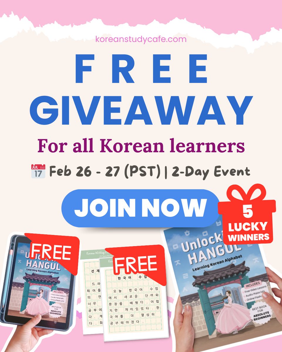 KoreanStudyCafe's tweet photo. ✨ FREE Book Giveaway! ✨

📅 Feb 26-27 (2 Days Only!)

📌 How to enter:
1️⃣ Review Unlocking Hangul
2️⃣ Use #UnlockingHangul
3️⃣ Follow me
4️⃣ Like &amp; tag friends (more tags = better chance!)

🔗 Link in bio! 🚀

#LanguageLearning #korean #LANGUAGE https://t.co/HiL6JqAUHj