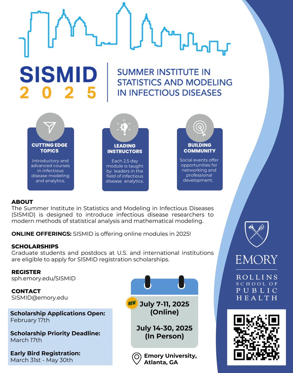 Scholarship applications are now open for SISMID 2025!

Learn more about SISMID 2025 and find the scholarship application at sph.emory.edu/SISMID