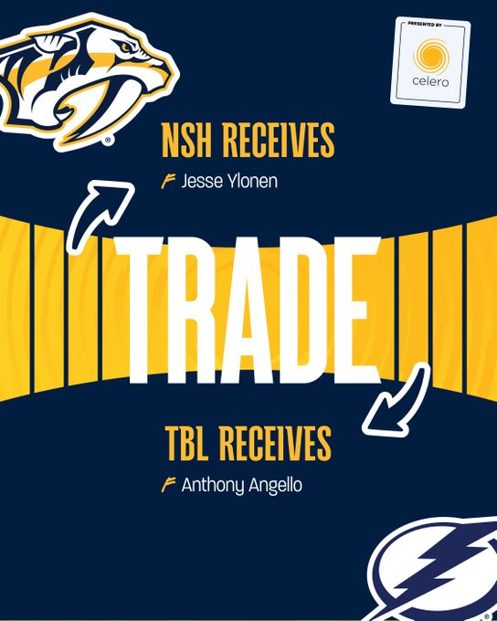 Trade graphic. Nashville receives forward Jesse Ylonen from Tampa Bay in exchange for forward Anthony Angello. The Celero logo is in the top right corner of the graphic. 