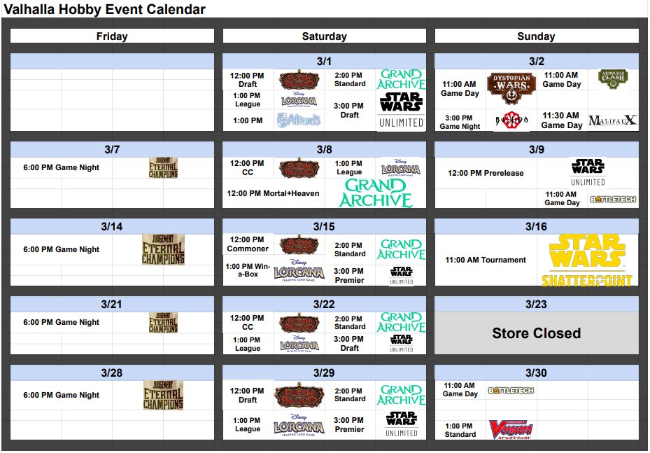 The Valhalla Hobby March Event Calendar is up!