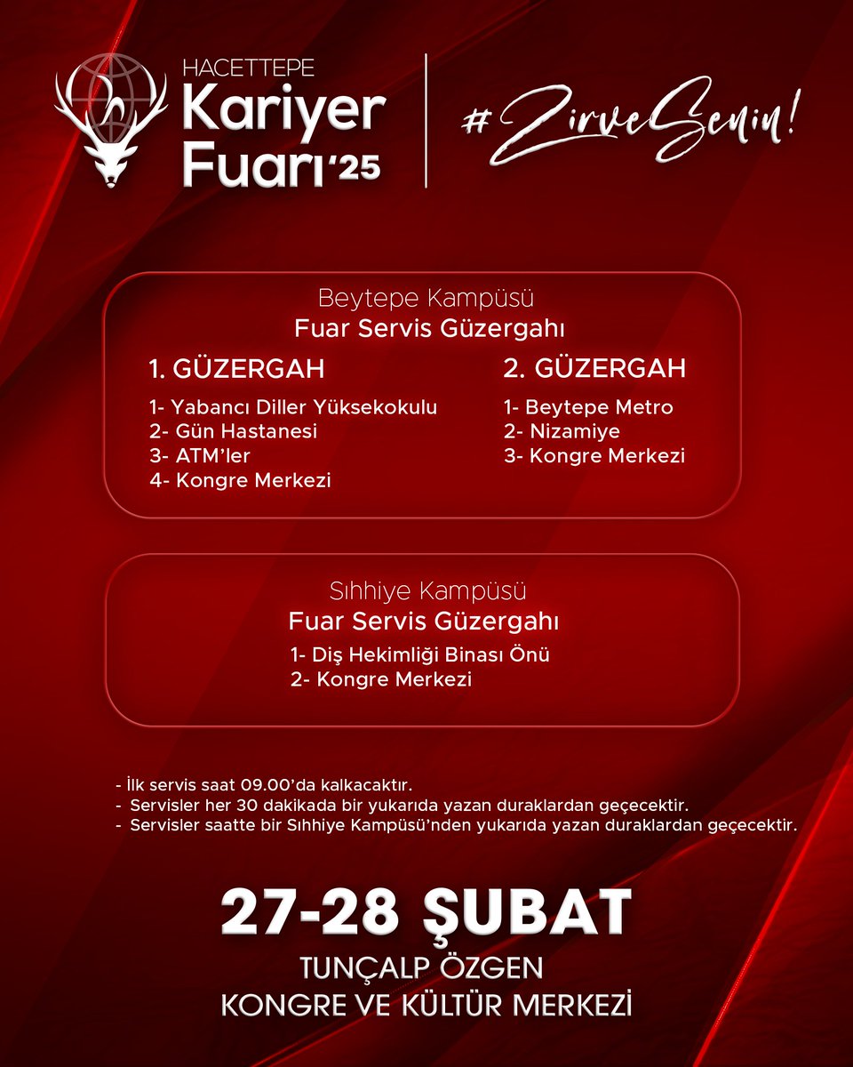 27-28 Şubat tarihlerinde Hacettepe Kariyer Fuarı’25 etkinlik alanına gidecek katılımcılar için servis güzergahı sizlerle! 🤩

📍Servisler her 30 dakikada bir belirtilen duraklardan geçecektir.