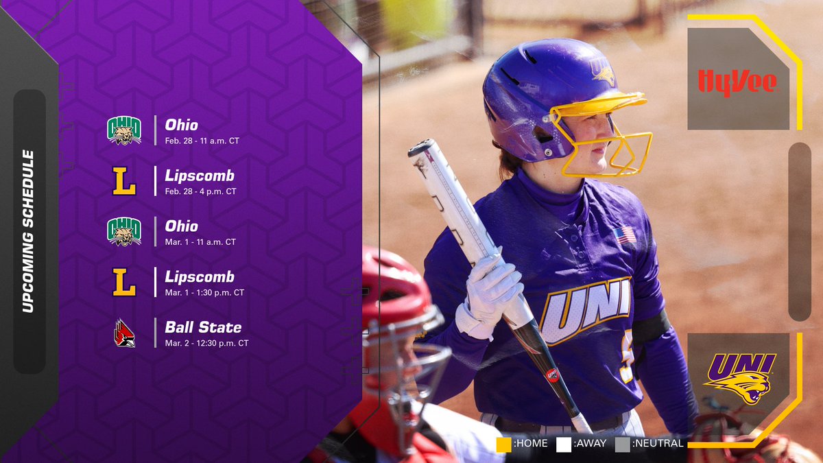 .<a href="/HyVee/">Hy-Vee</a> brings you our upcoming game schedule as we head to Nashville for the Purple/Gold Challenge this weekend! 📆 

#EverLoyal #1UNI
