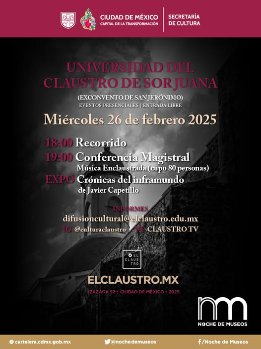 PEC_Claustro's tweet photo. 𝐕𝐄𝐍 𝐀 𝐂𝐎𝐍𝐎𝐂𝐄𝐑 𝐄𝐋 𝐂𝐋𝐀𝐔𝐒𝐓𝐑𝐎 𝐃𝐄 𝐒𝐎𝐑 𝐉𝐔𝐀𝐍𝐀
Noche de museos de febrero
18:00 Recorridos
19:00 Conferencia "Musica enclaustrada" con Roberto Ruiz Guadalajara
ENTRADA LIBRE
📷José María Izazaga 92
📷 26 de febrero https://t.co/UWid3O0x72