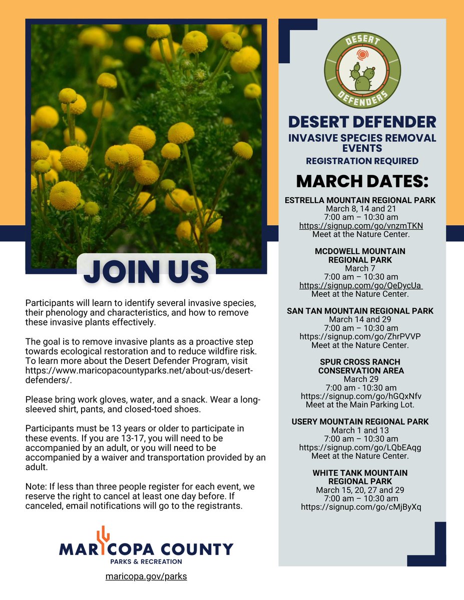 Join us this March for our Desert Defender Invasive Species Removal Events. Participants will learn to identify several invasive species, how the season and climate variations impact their life cycles and characteristics, and much more! maricopacountyparks.net/about-us/deser…