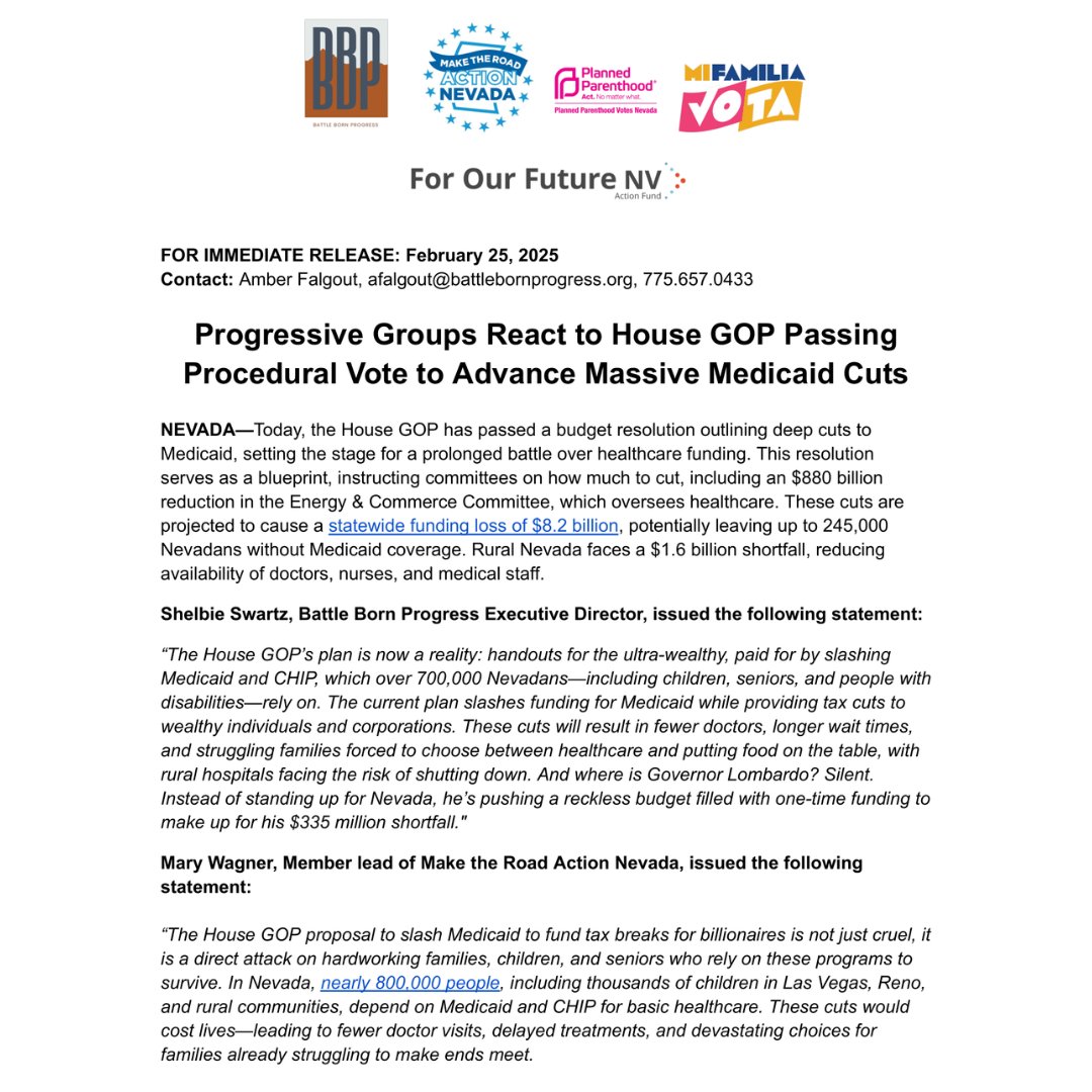 makeroadactNV's tweet image. 🚨 MRNV member Mary Wagner says, “The House GOP proposal to slash #Medicaid to fund tax breaks for billionaires is not just cruel, it is a direct attack on hardworking families, children, and seniors who rely on these programs to survive.”
Read our full statement below. ⬇️