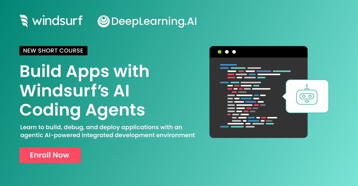 windsurf's tweet image. Many of you have been asking for resources and courses on how to get started with Windsurf and AI Coding Agents as a whole.
We're proud to be partnering with @DeepLearningAI and @AndrewYNg to bring you the first official (and FREE!) short course on the following:
- How to…