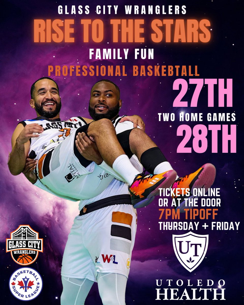Rise to the stars! We gonna get there one way or another! TWO home games in a row starting tomorrow at 7pm! Join us for some family fun professional basketball vs @londonlightning  and @windsorexpress - special thanks to @utoledohealth #utoledo #glasscity #toledo #wranglers