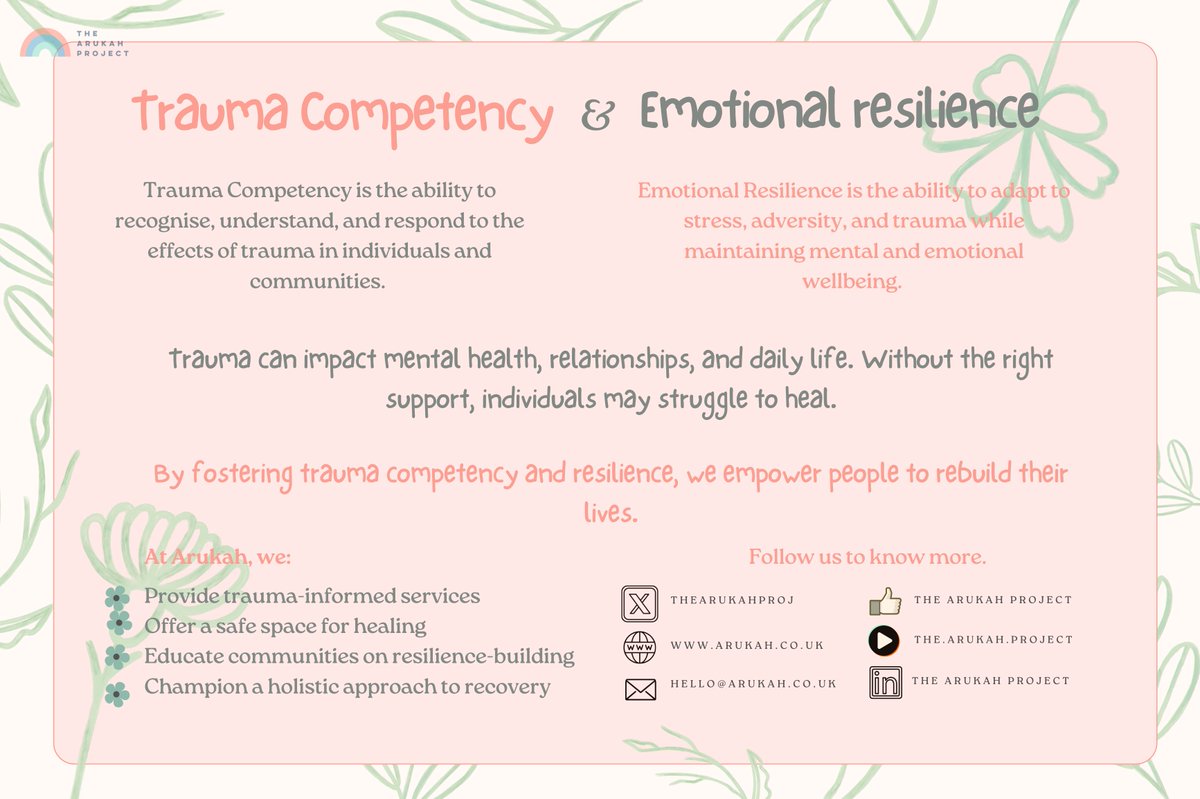 Trauma competency &amp; emotional resilience are key to healing and growth. At Arukah, we equip individuals with the tools to navigate trauma 💙

#TraumaInformed #EmotionalResilience #TheArukahProject #CommunitySupport #TraumaRecovery #TraumaCompetency #Tappingintotransformation