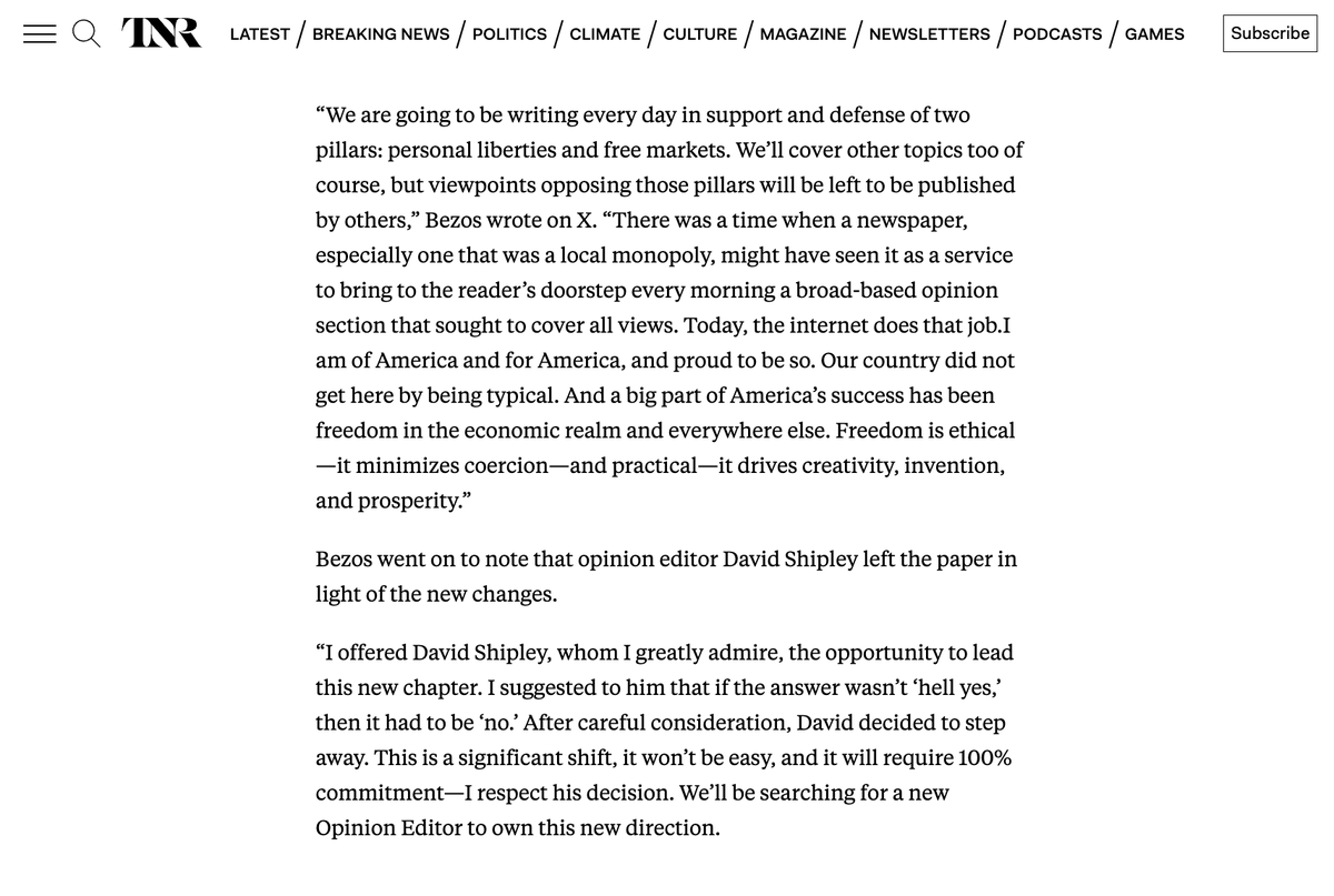 SethAbramson's tweet photo. Bezos effectively shut down the Washington Post editorial page today.

There’s no reason to read anything that’s just a dictate from a Trumpist billionaire. The Post editorial page is now as good—that is, as useless—as state-sponsored media. A disgrace the paper will not outlive. https://t.co/pXjLZkEsFi