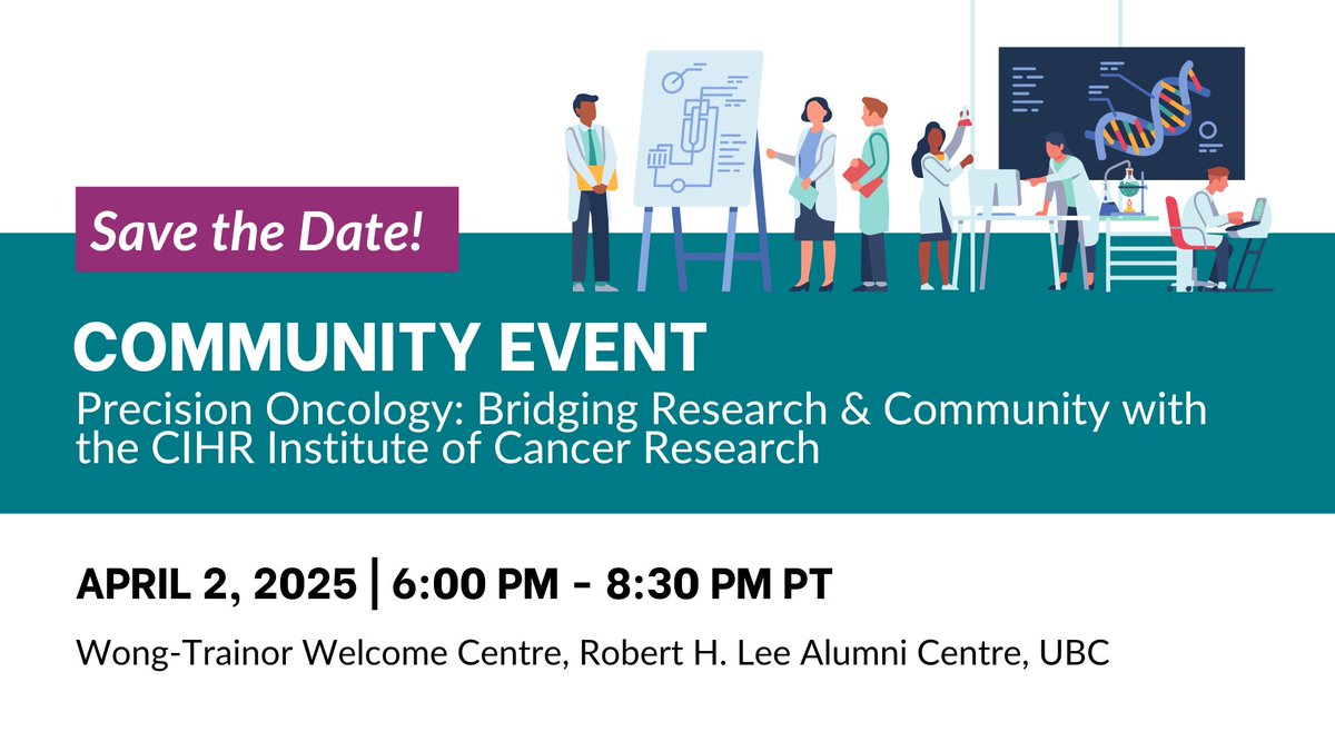 CIHR-ICR | IC-IRSC (@cihr_icr) on Twitter photo 👋 Calling the Vancouver cancer research community! Join us on the evening of April 2 at the Robert H. Alumni Centre <a href="/UBC/">University of British Columbia</a> for our community event. This year’s theme is “Precision Oncology: Bridging Research & Community”.
Register now: eventbrite.ca/e/precision-on… 👋 Calling the Vancouver cancer research community! Join us on the evening of April 2 at the Robert H. Alumni Centre <a href="/UBC/">University of British Columbia</a> for our community event. This year’s theme is “Precision Oncology: Bridging Research & Community”.
Register now: eventbrite.ca/e/precision-on…