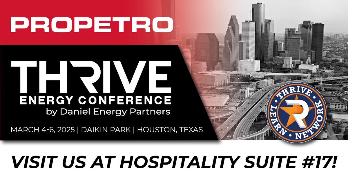 ProPetro is attending the 2025 Daniel Energy Partners THRIVE Energy Conference March 4-6th at Daikin Park!

📍 Stop by and see us at Hospitality Suite 17.

Looking forward to insightful discussions and connecting with industry leaders - we will see you there!

#THRIVE2025