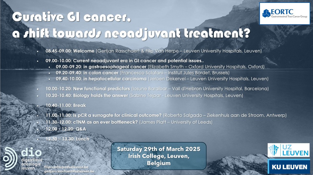 GJRas's tweet photo. @FilipHerpe and me are happy to invite you to the @EORTC GI Cancer Spring 🌸meeting we are hosting in #Leuven in March. The 2nd day we have a scientific symposium on all things #neoadjuvant. 

Subscribe here: https://t.co/B8fv2qZZrv

@UZLeuven @KU_Leuven @LKILeuven @oncodaily https://t.co/8QnZmbVVz7