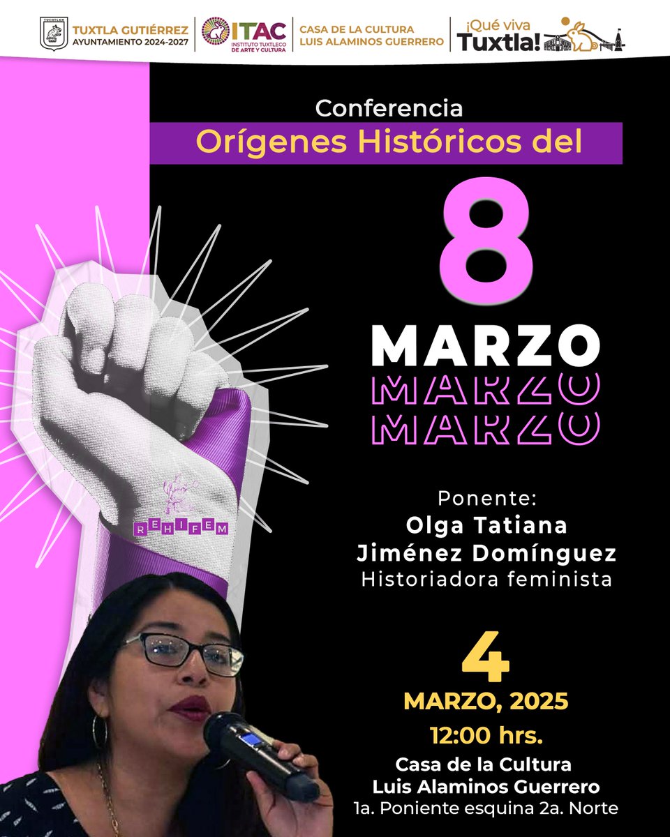 ITACTuxtlaGtz's tweet image. Les invitamos a la conferencia: &quot;Orígenes históricos del 8 de marzo&quot; en el marco de la conmemoración del Día Internacional de la Mujer.

Un recorrido con la historiadora feminista Olga Tatiana Jiménez Domínguez, de esta fecha tan significativa.

#ViveTuCultura #ITAC #SomosITAC