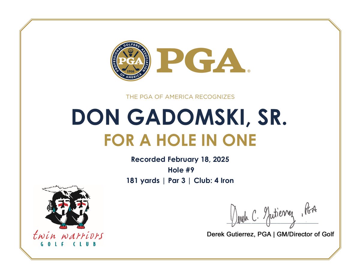 Congrats to Don Sr,  who reported playing with a strong wind into their faces that day.  The ace was made in the Santa Ana Golf Association member/guest, contested at Twin Warriors.  Tournament results at the SAGA webpage on the @santaanagolf website