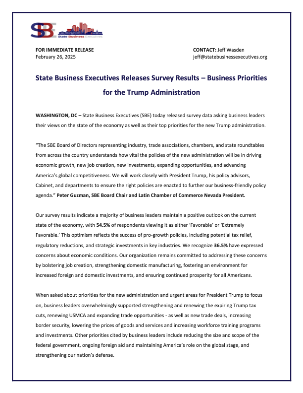 StateBizExecs's tweet photo. 📊 NEW: SBE survey reveals business priorities for Trump Administration. 54.5% of leaders optimistic about economy. Tax cuts, trade & workforce training top the list. #BusinessLeadership #EconomicGrowth #PolicyPriorities https://t.co/fyuEYYZKp1