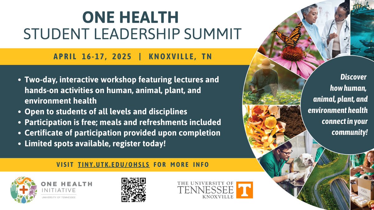 UTOneHealth's tweet image. We're pleased to announce that the #OneHealth Student Leadership Summit has been rescheduled for April 16-17! We had to postpone the event due to last month's winter weather, but we're excited to welcome everyone this spring. More info at tiny.utk.edu/OHSLS.