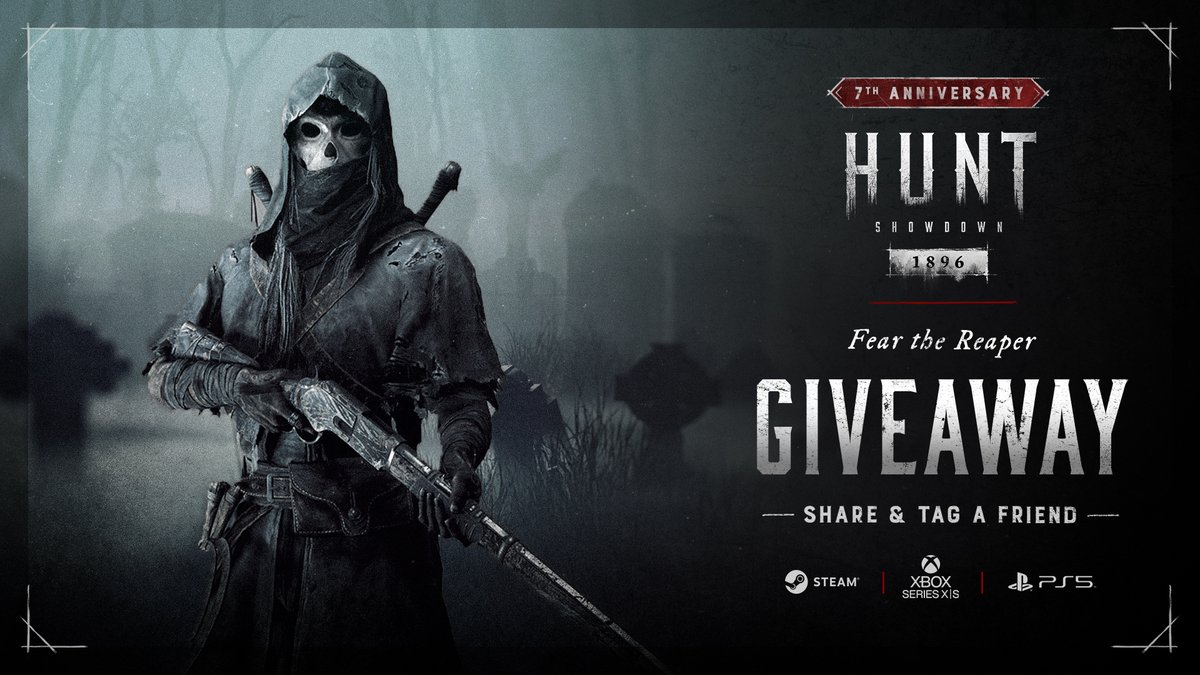 HuntShowdown's tweet image. Hunters, the 7th anniversary celebration is in full swing!

We’re bringing back some of the community’s most beloved DLC from past years, and today, The Reaper rises once more! ☠️

Want to claim the Fear the Reaper DLC? Here’s how to enter:
✔️ Follow us
❤️ Like this post
🔄 RT &amp;amp;…