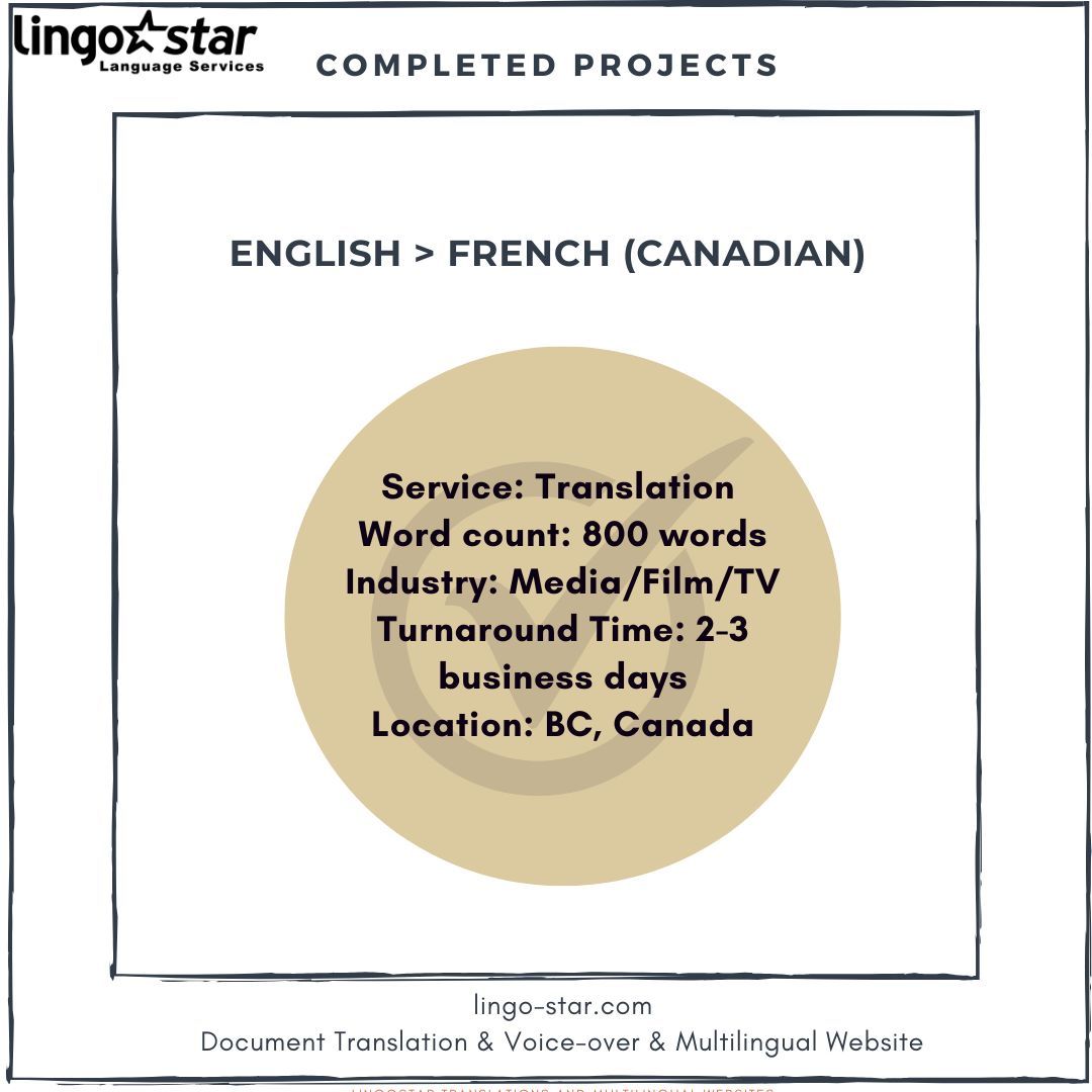 BC_Translation's tweet photo. ✅ Completed project:
Languages: English to French (Canadian)
Service: Translation
Word count: 800 words
Industry: Media/Film/TV
Turnaround Time: 2-3 business days
Location: BC, Canada
#LingoStar #TranslationCompany #TranslationProject #Multilingual #FrenchTranslation https://t.co/tbz0ji8KHb