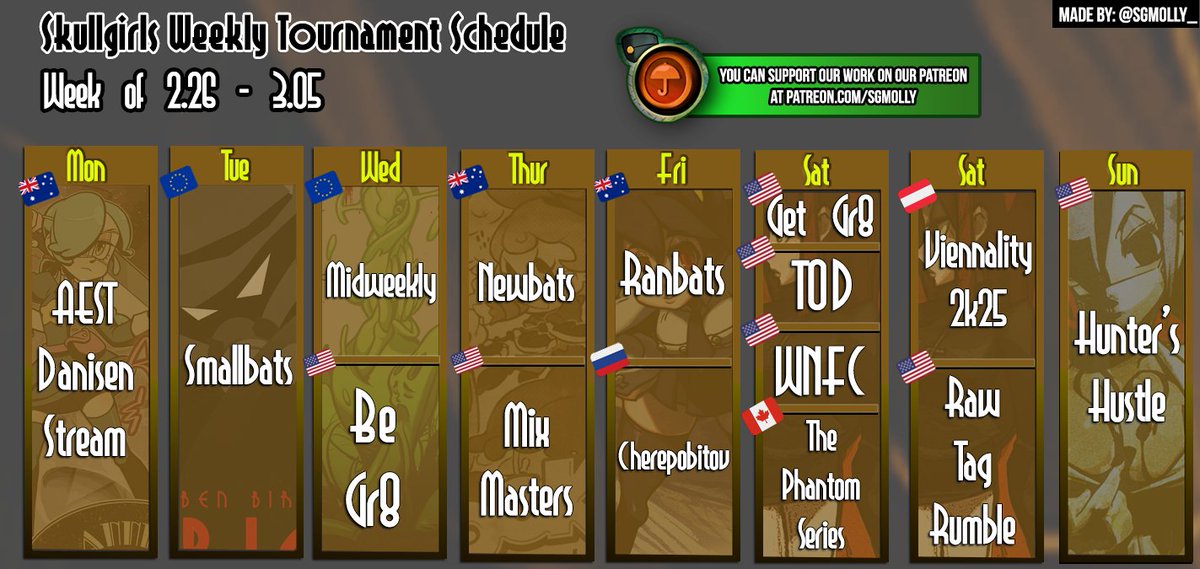 SGMolly_'s tweet photo. It's Wednesday, and you know what means! Time for your weekly dose of your @Skullgirls tournaments and events! Be sure to check here for any updates attached to the thread! Sign ups in the thread below 

#playskullgirls https://t.co/Oti0m65hrN