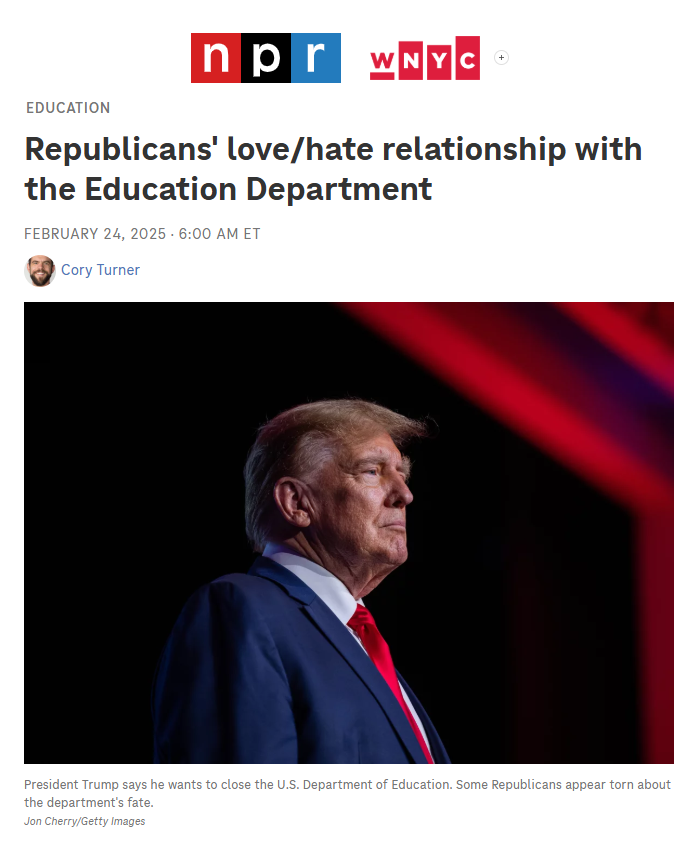 Cory Turner <a href="/NPRCoryTurner/">Cory Turner</a> <a href="/NPR/">NPR</a>: Republicans' love/hate relationship with the U.S. Education Department - President Trump aims to close it, while his nominee <a href="/Linda_McMahon/">Linda McMahon</a> backs returning education control to states.  loom.ly/rdMlGdo