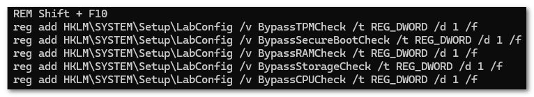 manelrodero's tweet photo. Some useful registry keys for testing #Windows11 on unsupported hardware ;-)

- BypassTPMCheck
- BypassSecureBootCheck
- BypassRAMCheck
- BypassStorageCheck
- BypassCPUCheck

#HomeLab #mdtpdi https://t.co/b2BLObXHFE