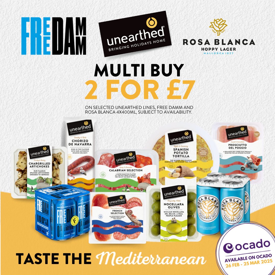 The perfect Mediterranean pairing just got better! 🍻🫒

For a limited time, mix &amp; match selected Unearthed products with Free Damm or Rosa Blanca for 2 for £7 - exclusively on Ocado ✨

Stock up, snack the Mediterranean way, and sip on sunshine 🌞🍺