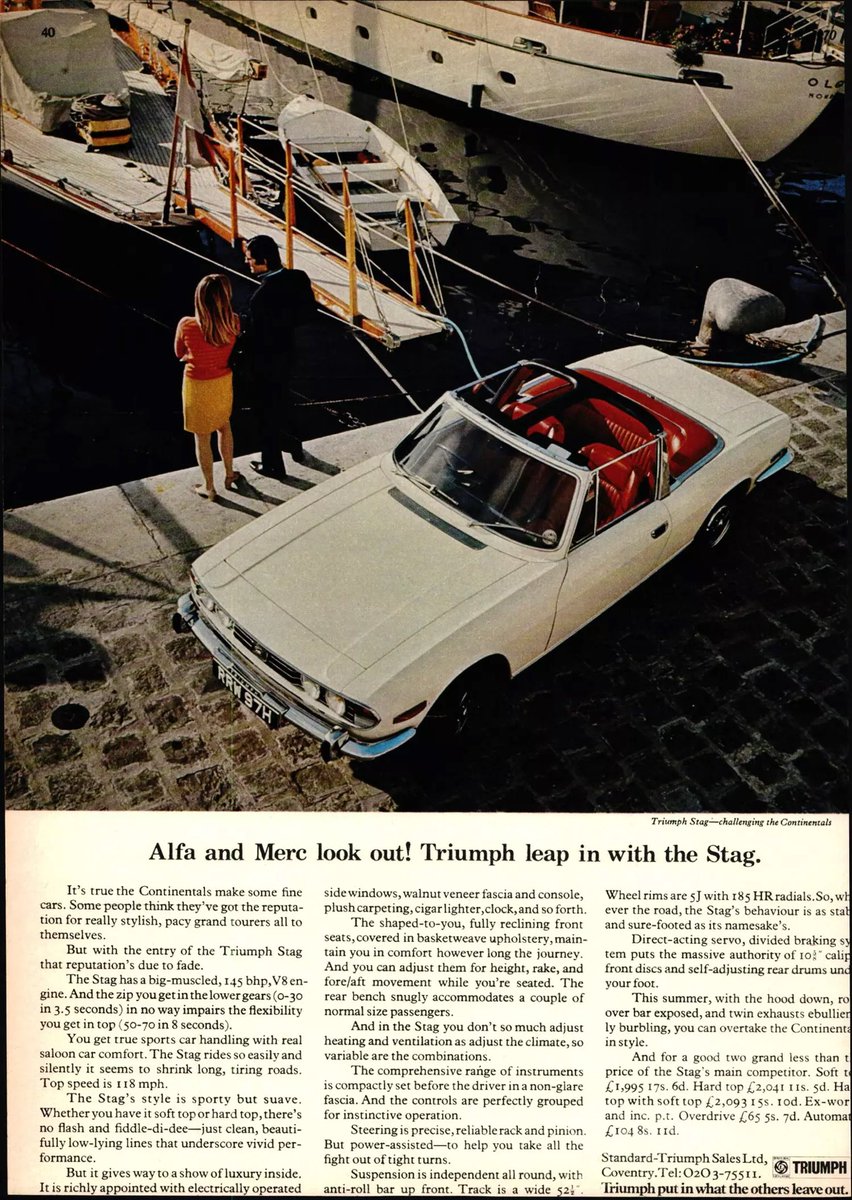 The Car Factoids 🚗 (@thecarfactoids) on Twitter photo Factoid Extra: The Stag’s launch campaign established its credentials as a car aimed at Europe’s top GT rivals & in so ways it had the makings as a keen competitor to them which makes the ‘big muscled’ V8’s unreliability all the more tragic…
<a href="/DarraghMcKenna/">Darragh McKenna 🌐</a> <a href="/TopOfTheTower/">Leo Nulty</a> <a href="/StvCr/">Steve Cropley</a> Factoid Extra: The Stag’s launch campaign established its credentials as a car aimed at Europe’s top GT rivals & in so ways it had the makings as a keen competitor to them which makes the ‘big muscled’ V8’s unreliability all the more tragic…
<a href="/DarraghMcKenna/">Darragh McKenna 🌐</a> <a href="/TopOfTheTower/">Leo Nulty</a> <a href="/StvCr/">Steve Cropley</a>