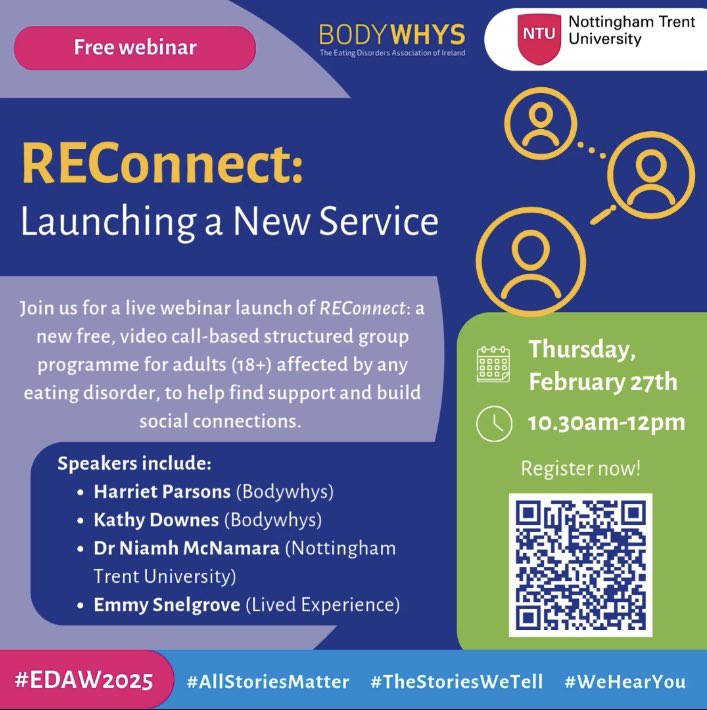 Bodywhys (@bodywhys) on Twitter photo We are excited about the launch of our new support group, REConnect tomorrow as part of #EDAW2025. Join us at 10.30am, QR code to register for the Zoom talk is below. We are excited about the launch of our new support group, REConnect tomorrow as part of #EDAW2025. Join us at 10.30am, QR code to register for the Zoom talk is below.