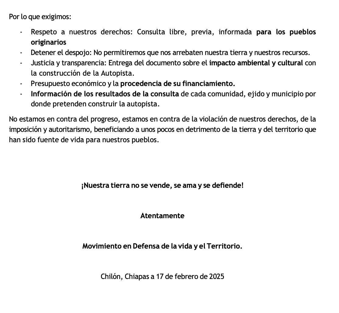 Consulta libre, previa e informada para los pueblos originarios. 

La Autopista San Cristóbal Palenque que tendría un impacto ambiental y cultural (por lo menos) para más de 10 municipios, tendrá que darse la seriedad de un análisis y estudios necesarios.