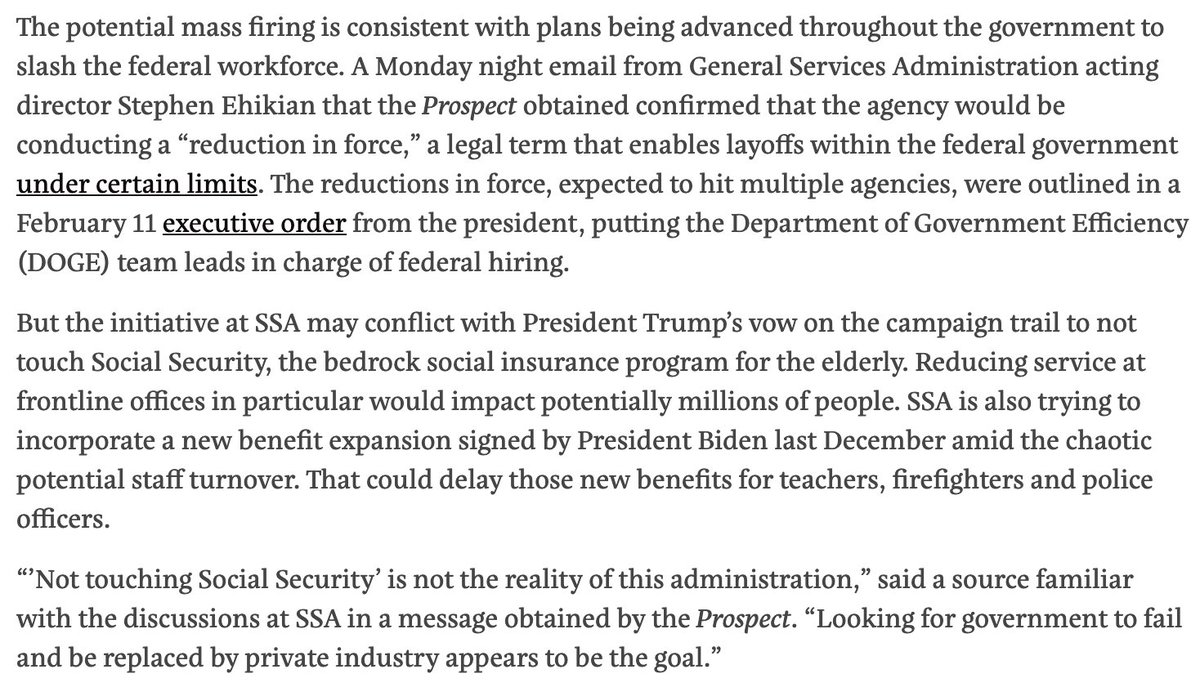 BREAKING: Two sources tell @theprospect that the acting commissioner of the Social Security Administration has asked for a plan for cuts to 50% of the workforce, including at the 1,200 field offices that serve millions of beneficiaries.