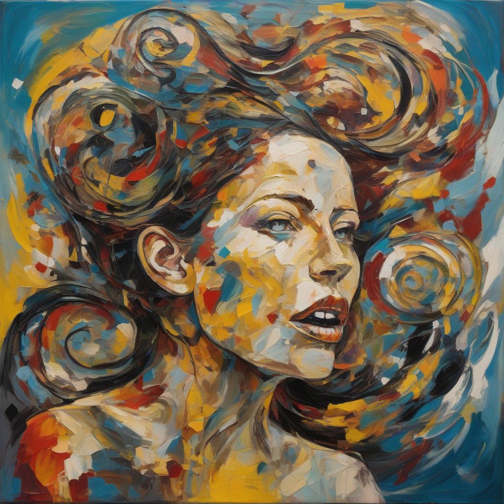 _2020mojo_'s tweet image. here is an abstract woman capturing the world&apos;s state, blending Pollock and Van Gogh.