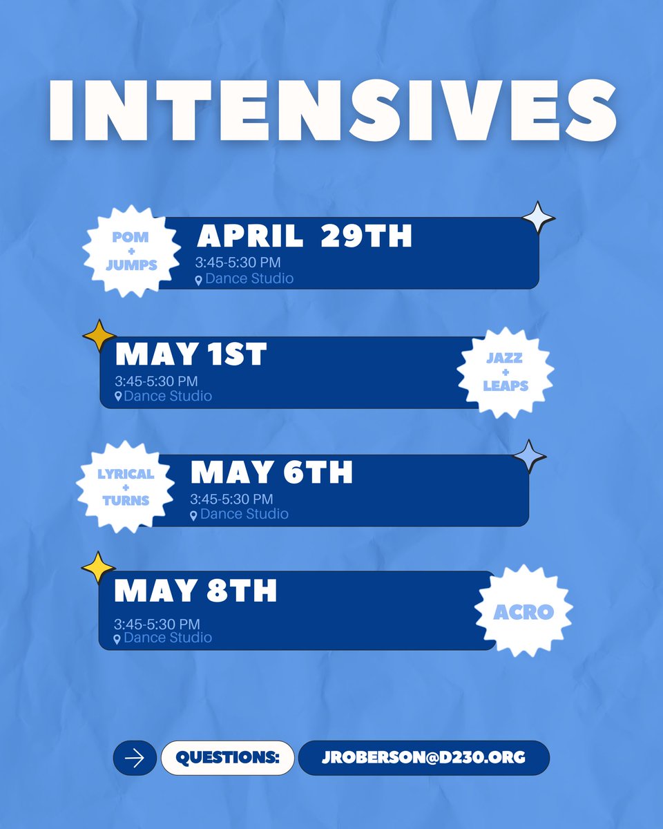 Sandburg Eaglettes (@cshseaglettes) on Twitter photo Tryouts signup: tinyurl.com/y7dzc2wu
Intensives signup: tinyurl.com/2p8h2wa3 Tryouts signup: tinyurl.com/y7dzc2wu
Intensives signup: tinyurl.com/2p8h2wa3