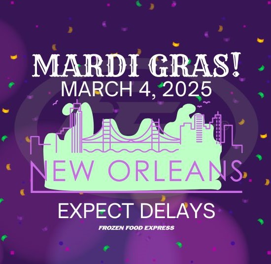 FrozenFoodExp's tweet photo. FFE Service Alert - Mardi Gras Advisory 🎭 

With Mardi Gras celebrations in full swing next week, we expect potential shipment delays in New Orleans. Several businesses have reported closures on March 4, which may impact pickups and deliveries. https://t.co/buuVsIam15