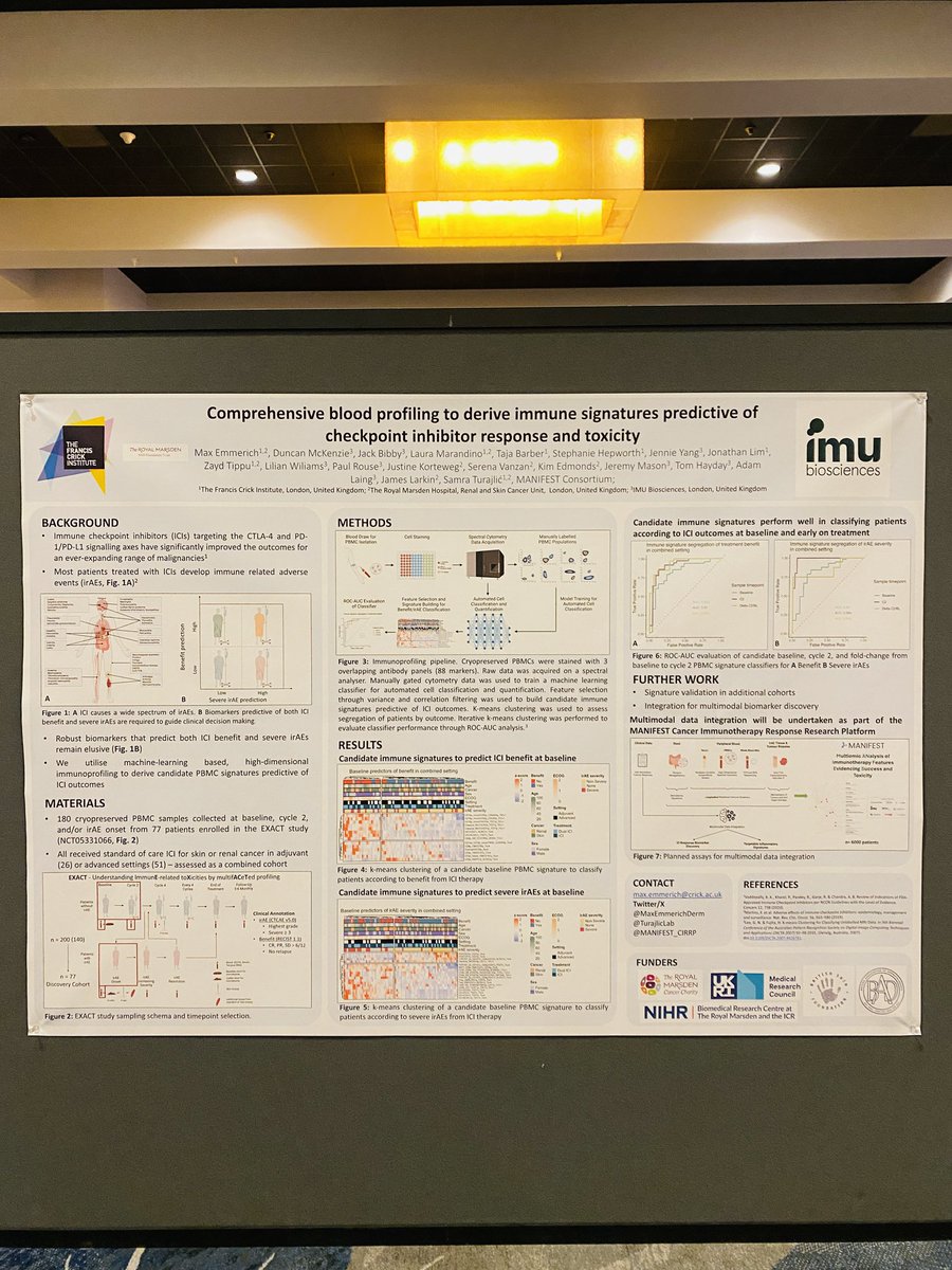 Max Emmerich (@maxemmerichderm) on Twitter photo Delighted to present our <a href="/TurajlicLab/">Turajlic Lab @ The Crick</a> work on utilising AI-assisted high dimensional PBMC profiling to predict IO response and toxicity as a late breaking poster and talk at #AACRIO2025 today.
Great collaboration with our partners at #IMUBiosciences as part of <a href="/MANIFEST_CIRRP/">MANIFEST IO</a> Delighted to present our <a href="/TurajlicLab/">Turajlic Lab @ The Crick</a> work on utilising AI-assisted high dimensional PBMC profiling to predict IO response and toxicity as a late breaking poster and talk at #AACRIO2025 today.
Great collaboration with our partners at #IMUBiosciences as part of <a href="/MANIFEST_CIRRP/">MANIFEST IO</a>