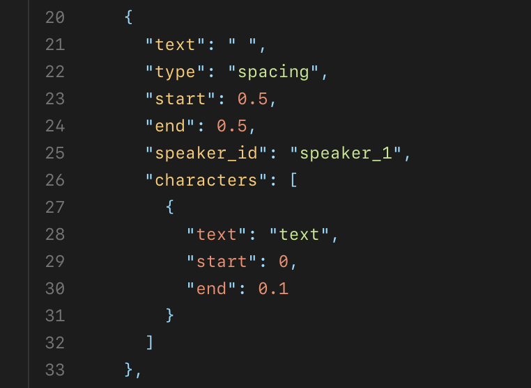 ElevenLabs' new transcribe API return even empty spaces in the timestamps array, lang parameter is optional, separates speakers - impressive