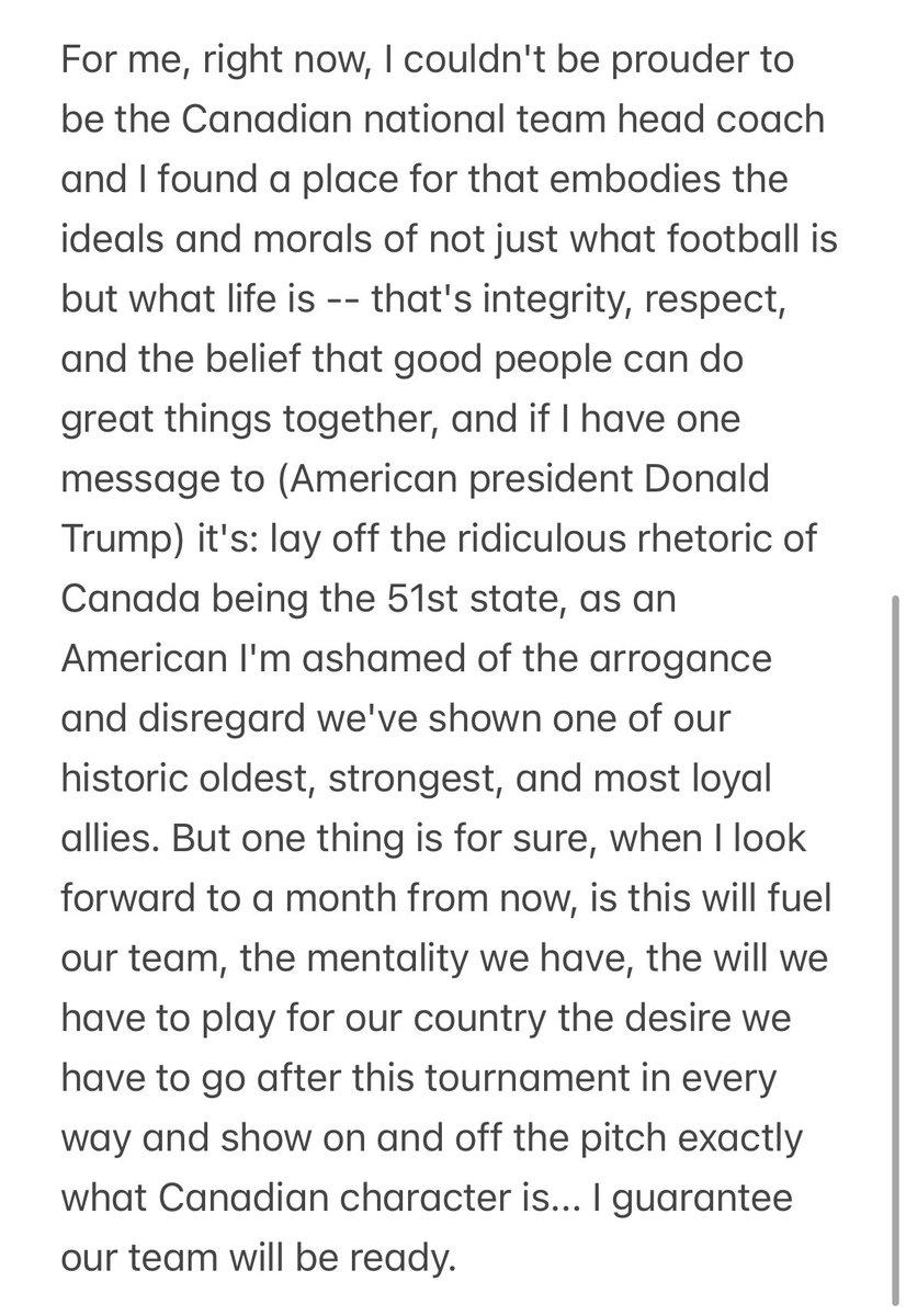 Today, at the Concacaf Nations League Finals media day, #CanMNT <a href="/jessemarsch/">Jesse Marsch</a> was asked how he and the men's team are navigating the political tensions between the United States and Canada. Here's his full response. <a href="/TSNSoccer/">TSN Soccer</a> <a href="/TSN_Sports/">TSN</a>