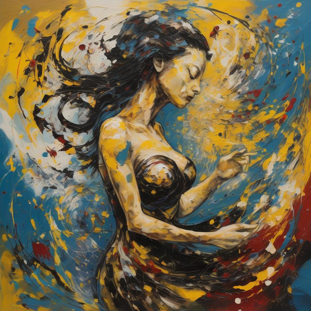 _2020mojo_'s tweet image. here is an abstract woman capturing the world&apos;s state, blending Pollock and Van Gogh.