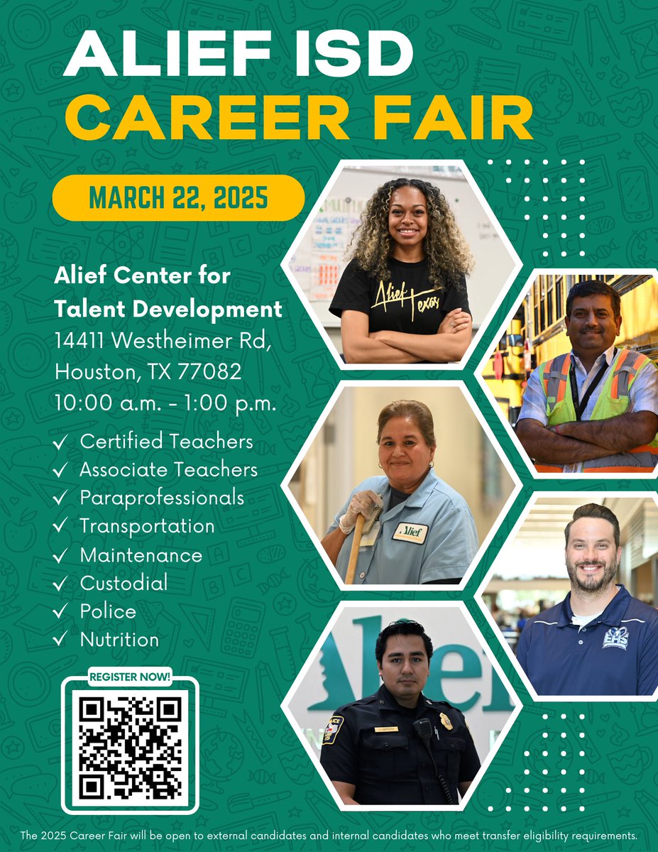 Join Us at the Alief ISD Career Fair! 

Are you looking for a rewarding career in education?  Come out to meet our team and explore current certified &amp; classified job opportunities.

March 22, 2025
Center for Talent Development 
10:00am - 1:00pm

#TheSmartChoice <a href="/AliefISD/">Alief ISD</a>