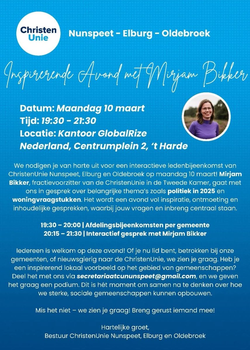 Ga in gesprek met Mirjam Bikker!
Van harte welkom op maandagavond 10 maart in het kantoor van #globalrize

<a href="/CUElburg/">ChristenUnie Elburg</a> <a href="/CUNunspeet/">ChristenUnieNunspeet</a> <a href="/mirjambikker/">Mirjam Bikker</a>