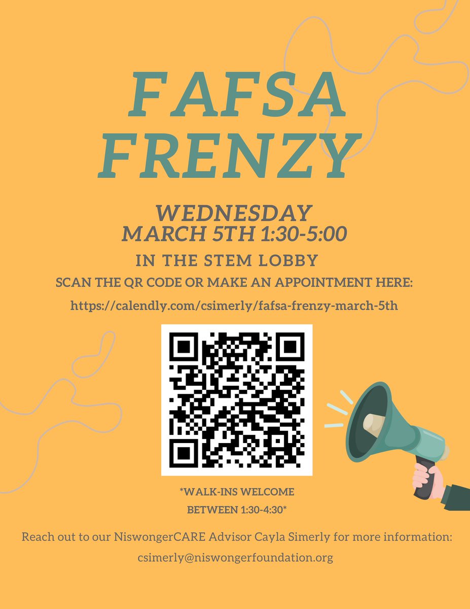 Seniors and Parents: Do you need help with the FAFSA?  Come to our FAFSA Frenzy.
