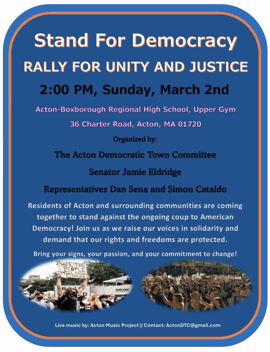 JamieEldridgeMA's tweet image. Please join me this Sunday March 2nd at the Stand for #Democracy, Rally for Unity &amp;amp; Justice organized by #Acton #Democrats! As a State Senator, many constituents are standing up for #Massachusetts values, promote a positive vision for our country, &amp;amp; stand up against Donald Trump